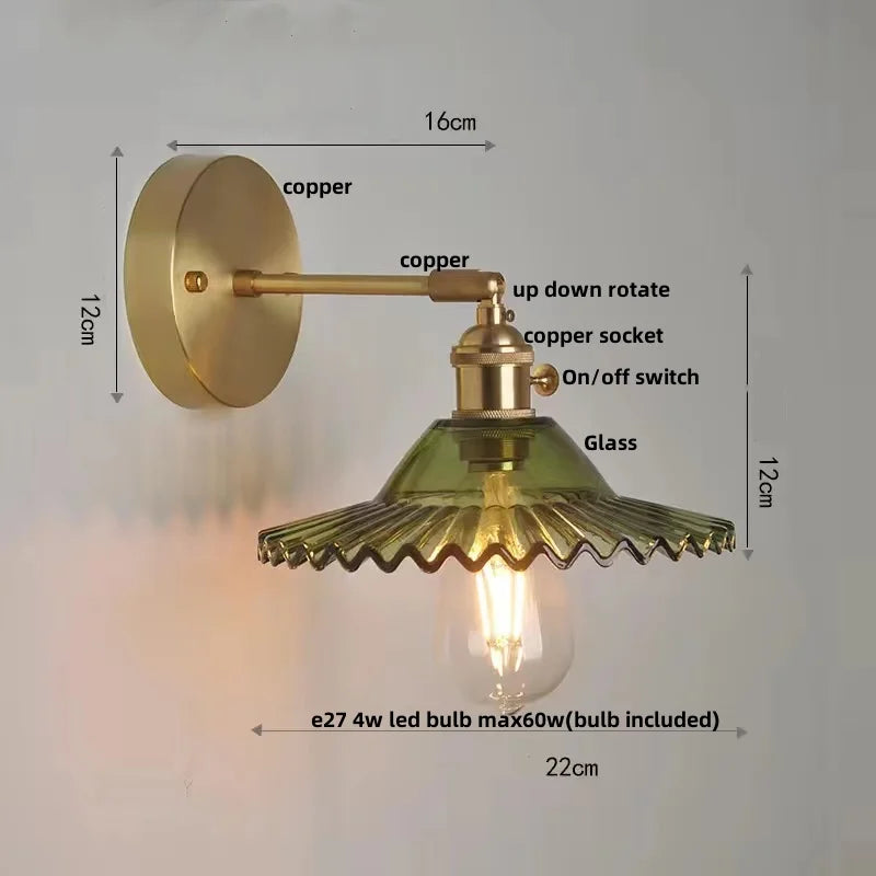 Helnys Green Glass LED Wall Lights with Pull Chain Switch for Home Decor