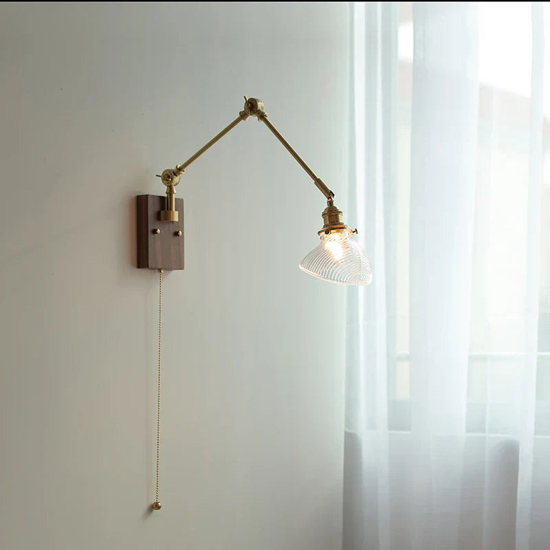 Helnys Green LED Swing Arm Wall Lamp Sconce with Walnut Wood Finish