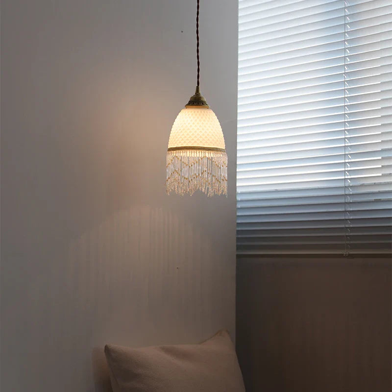 Helnys Vintage Tassel Pendant Light with LED and White Glass