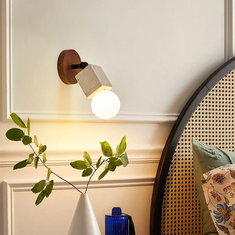 Helnys Round Canopy LED Wall Light Yellow Travertine Stone Bedside Lamp