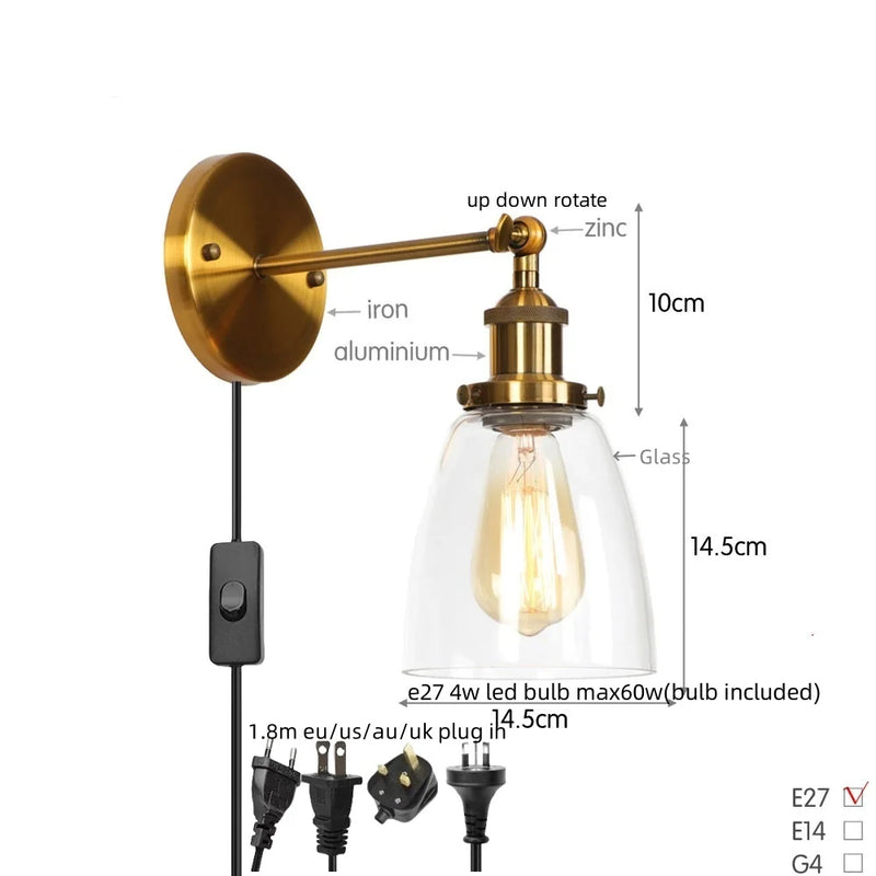 Helnys LED Wall Lamp Single Arm Glass Iron Vintage Retro Stair Light