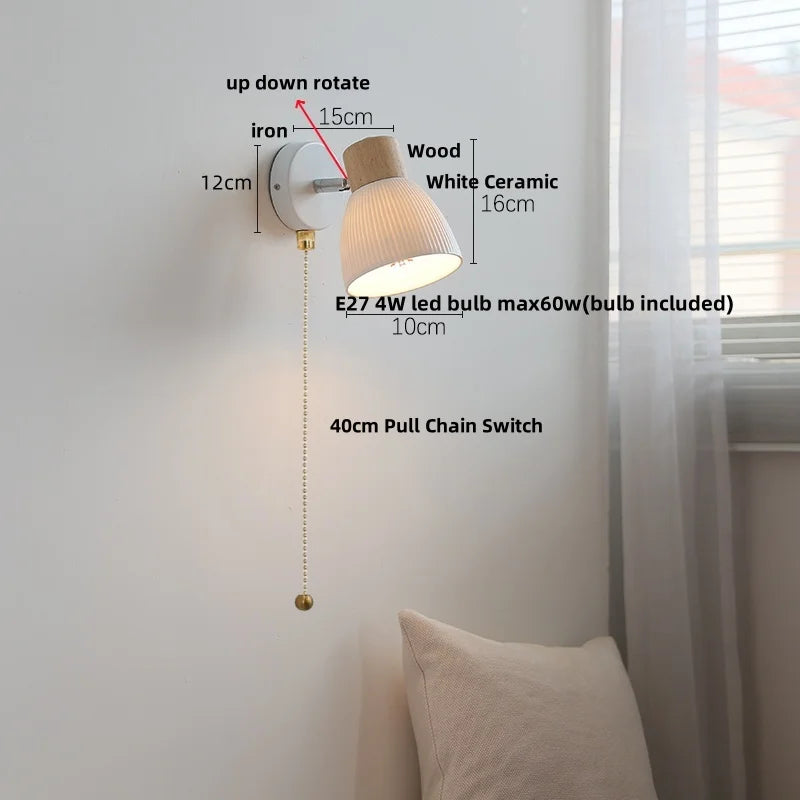 Helnys White Ceramic LED Wall Lights with Pull Chain Switch - Modern Nordic Design