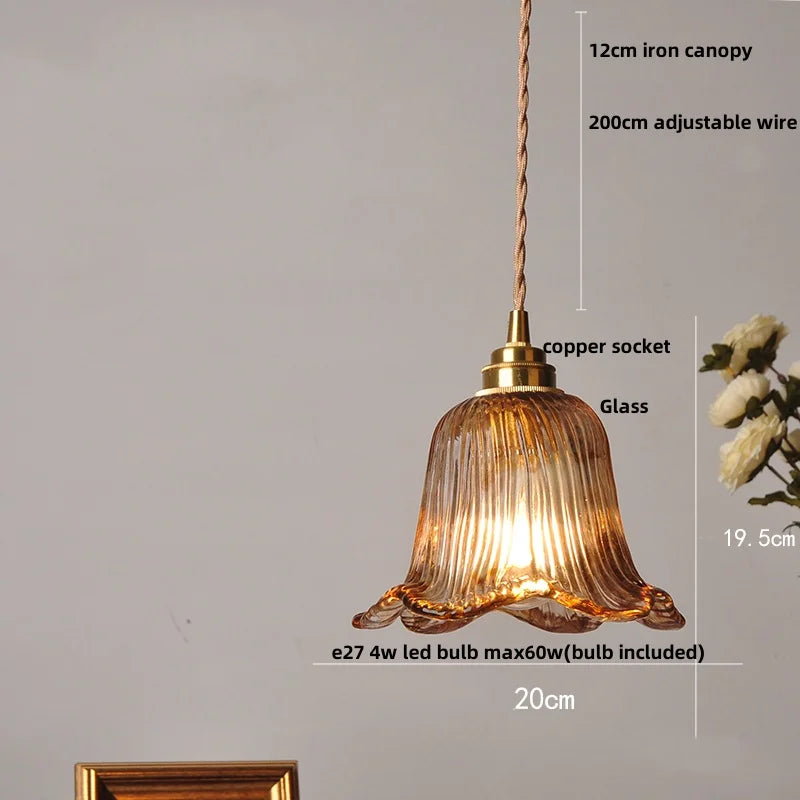 Helnys Wood Amber Glass LED Pendant Light Fixture - Nordic Modern Hanging Lamp