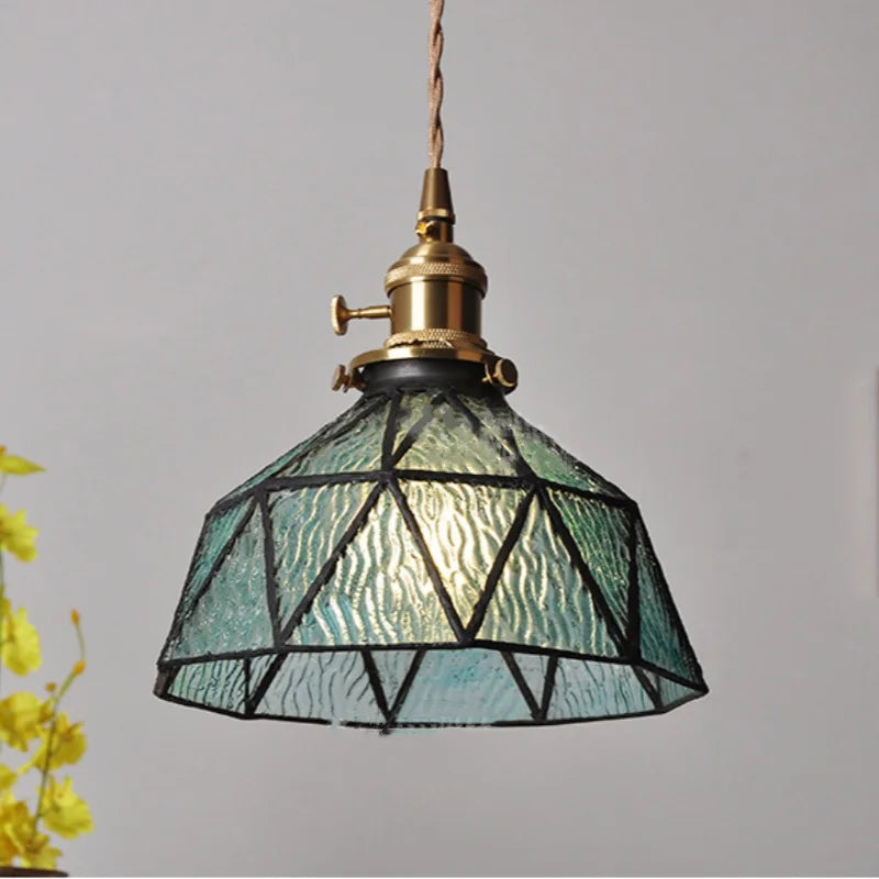 Helnys Blue Glass LED Pendant Light with Adjustable Copper Knob Switch