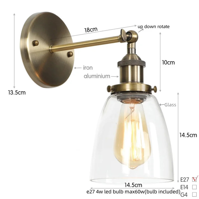 Helnys LED Wall Lamp Single Arm Glass Iron Vintage Retro Stair Light