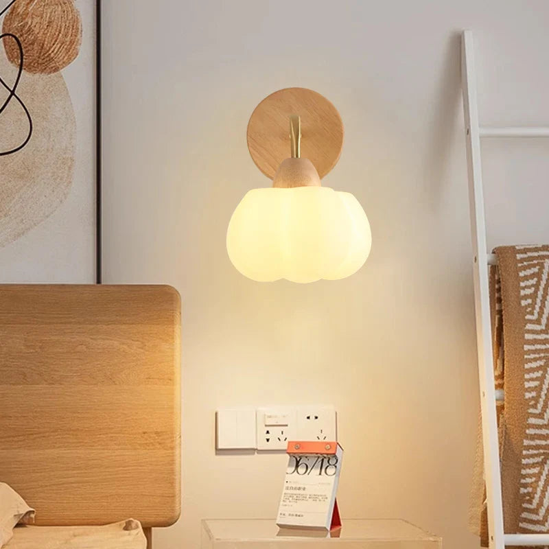 Helnys Nordic Wood Canopy LED Wall Light Fixture with Pull Chain Switch for Bedroom