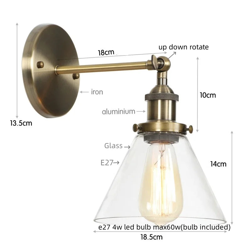 Helnys Clear Glass Iron LED Wall Lamps Stair Light Fixtures Rustic Industrial Vintage