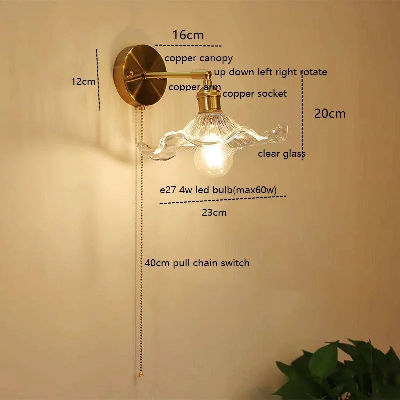 Helnys Green Glass Copper LED Wall Sconce with Pull Chain - Nordic Modern Wandlamp