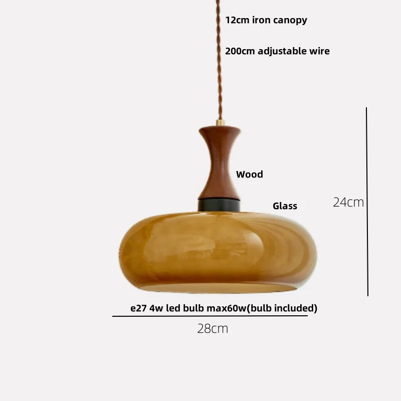Helnys Amber LED Pendant Light Fixture, Wood Glass Loft Hang Lamp