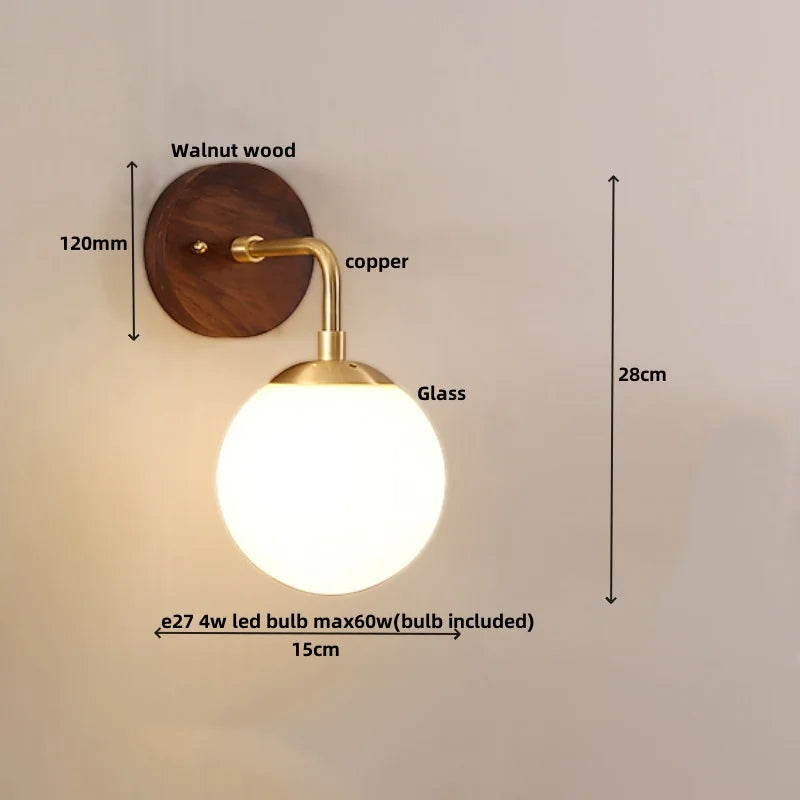 Helnys Walnut Wood Glass LED Wall Sconce with Pull Chain Switch