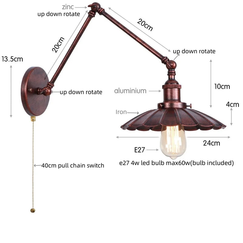 Helnys Gold Industrial LED Wall Lamp with Pull Chain Switch
