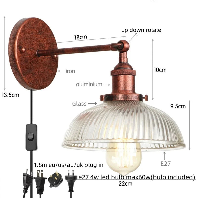 Helnys Vintage LED Wall Light with Pull Chain Switch, Rustic Industrial Bedside Lamp