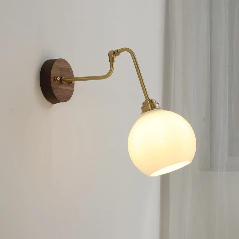 Helnys Green Glass Copper LED Wall Lamp with Pull Chain Switch and Walnut Wood Base