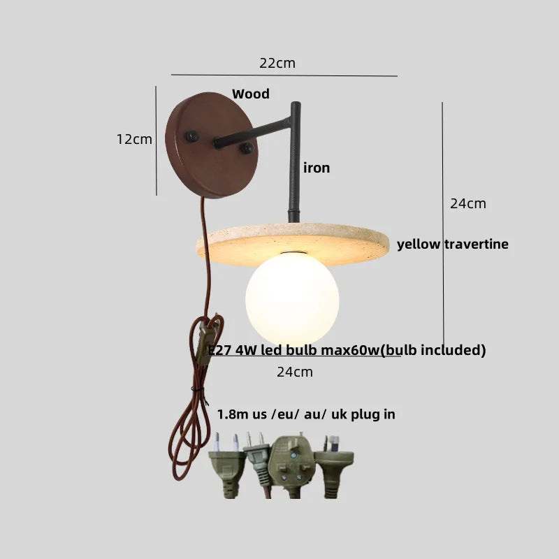 Helnys Yellow Travertine LED Wall Lamp Iron Pull Chain Switch Modern Stair Light Fixtures