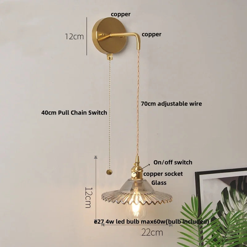 Helnys White Glass LED Wall Lamp with Pull Chain Switch - Nordic Modern Design