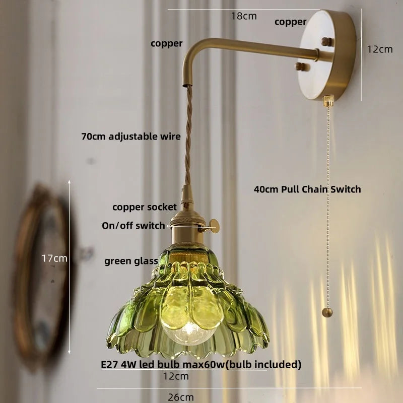 Helnys Nordic Modern Pull Chain Copper Flower Glass LED Wall Lights - Bedroom Balcony Wandlamp