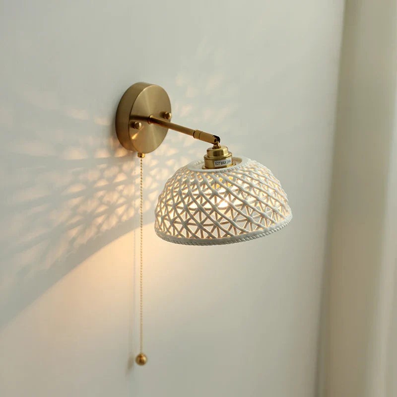 Helnys Ceramic Vintage LED Wall Light Bathroom Round Design Pull Chain Bedside Lamp