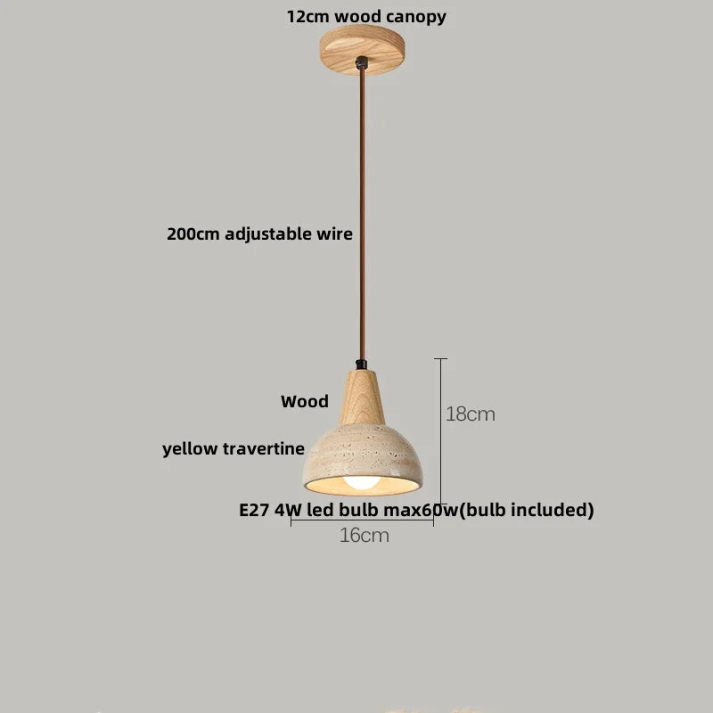 Helnys Yellow Travertine LED Pendant Lamp Natural Wood Hanging Lights