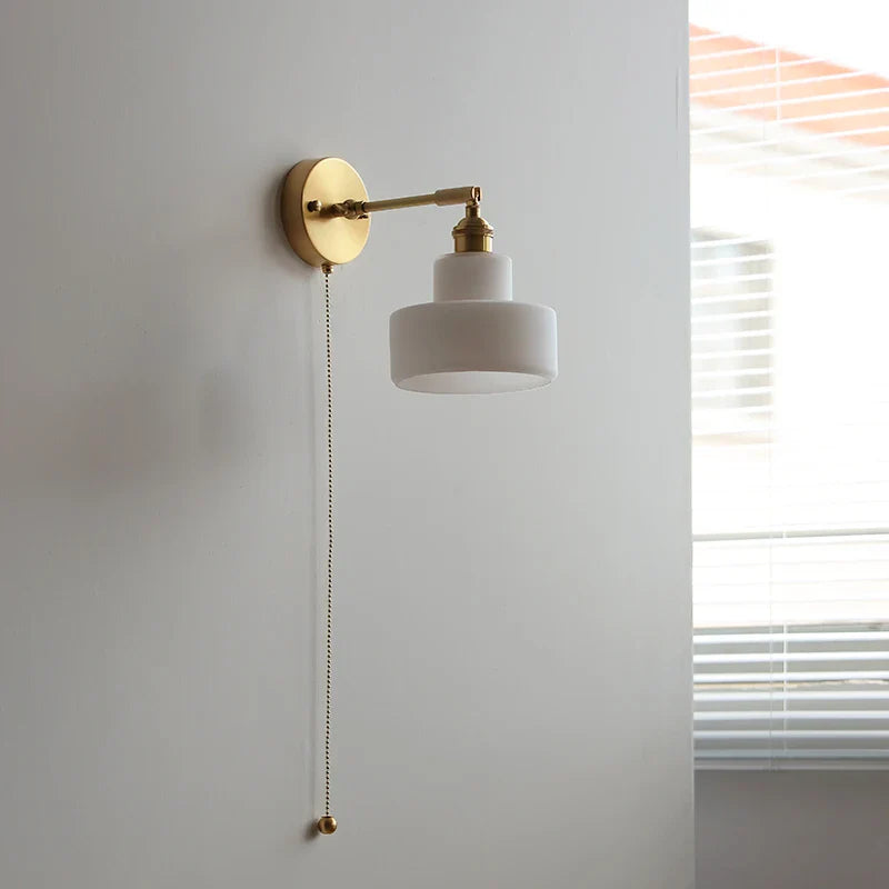 Helnys Glass LED Wall Light Sconce Rotate Pull Chain Switch Bedroom Lamp