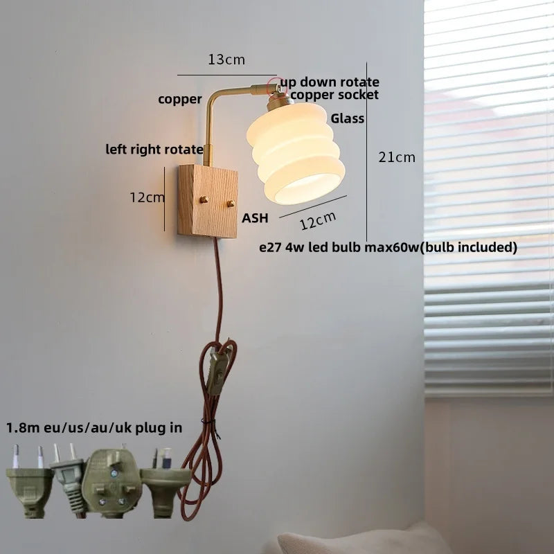 Helnys Rotatable Nordic Glass Wall Sconce with Pull Chain Switch