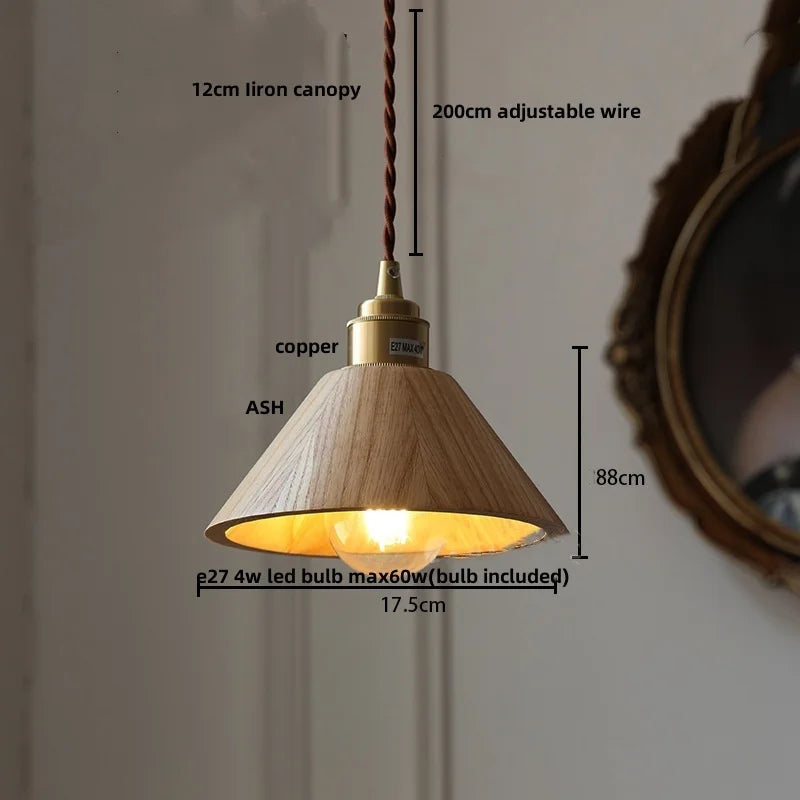 Helnys Ash Wood LED Pendant Lamp with Copper Socket - Adjustable Hanging Lights