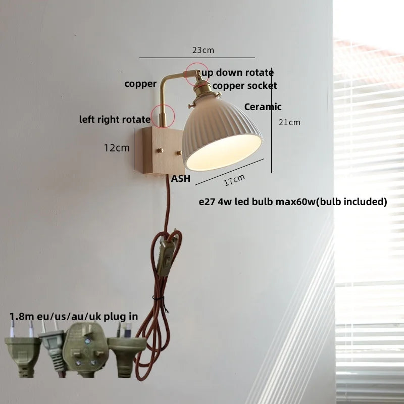 Helnys Nordic Modern Walnut Wood LED Wall Lamp with Rotatable Ceramic Copper Switch