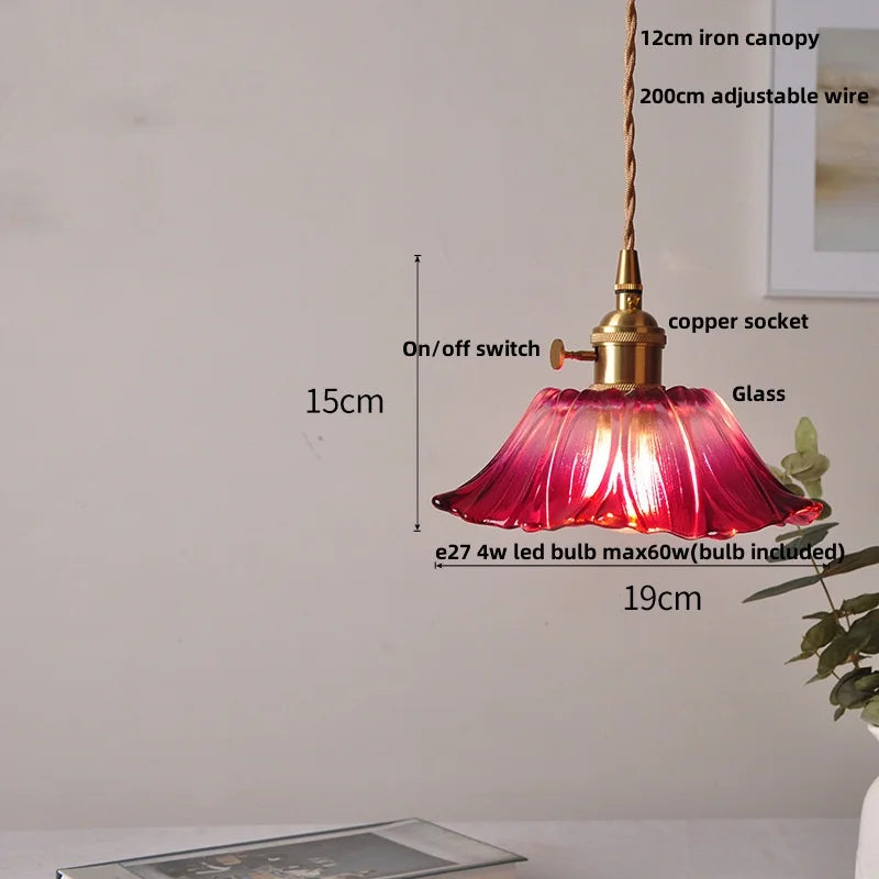 Helnys Amber Flower Glass Pendant Lights with Knob Switch, Adjustable Wire - 200cm