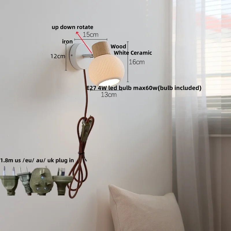 Helnys White Ceramic LED Wall Lights with Pull Chain Switch - Modern Nordic Design