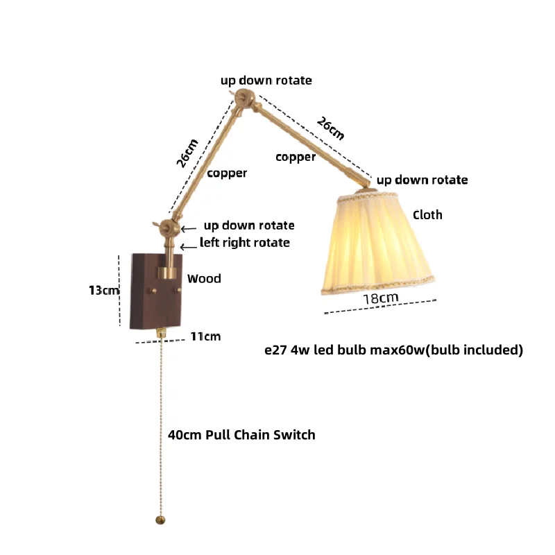 Helnys Rotatable Wood Ceramic Wall Sconce with Pull Chain Switch