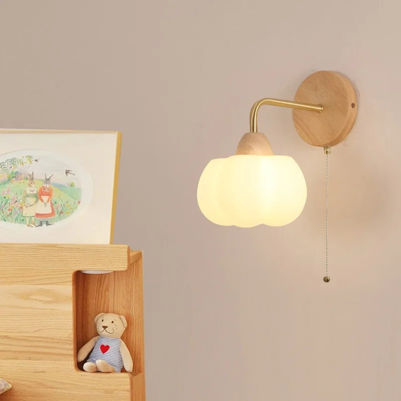 Helnys Nordic Wood Canopy LED Wall Light Fixture with Pull Chain Switch for Bedroom