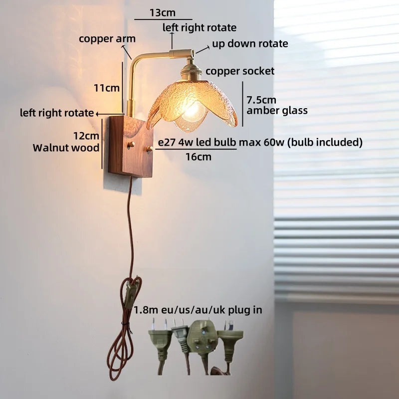 Helnys Nordic LED Flower Design Wall Light Glass Brass Living Room Bedside Lamp