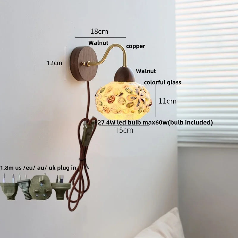 Helnys Shell Glass LED Wall Light Tiffany Style Balcony Bedroom Lamp