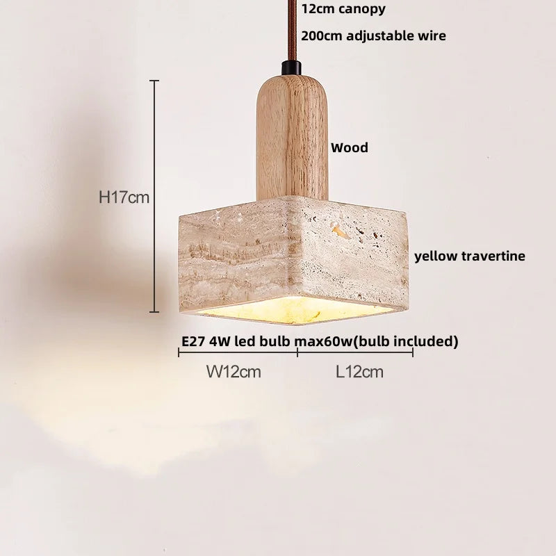 Helnys Nordic Stone Pendant Light Fixture - Yellow Travertine Bamboo Accent