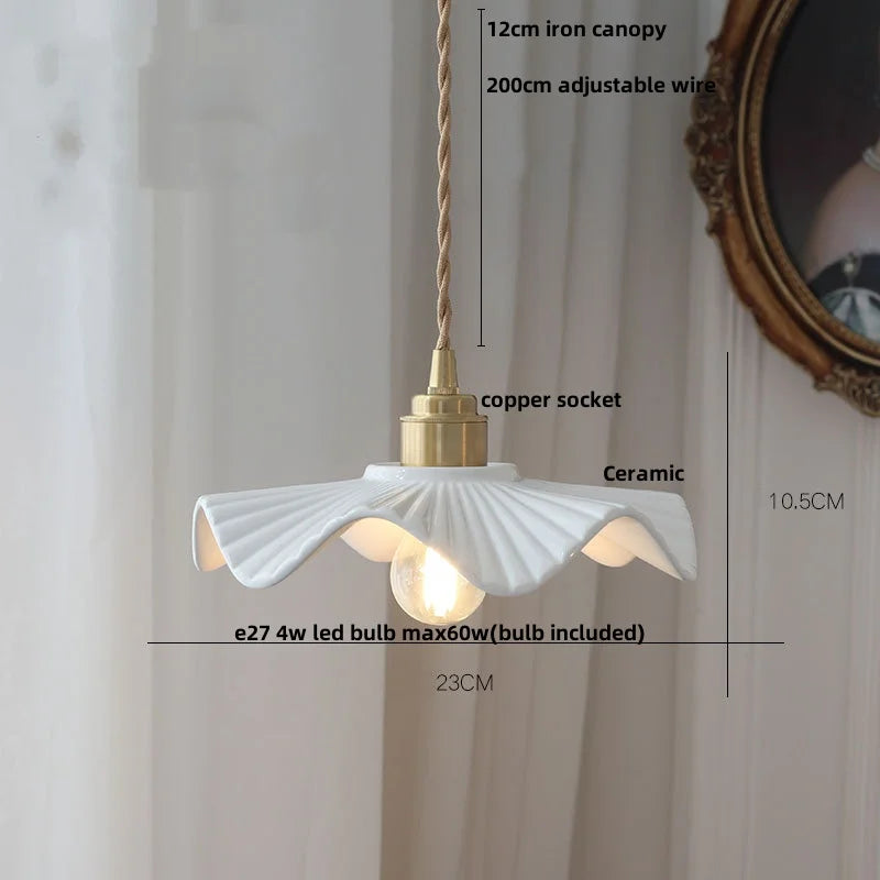 Helnys Flower Ceramic LED Pendant Lamp with Copper Socket, Adjustable Modern Hanging Light