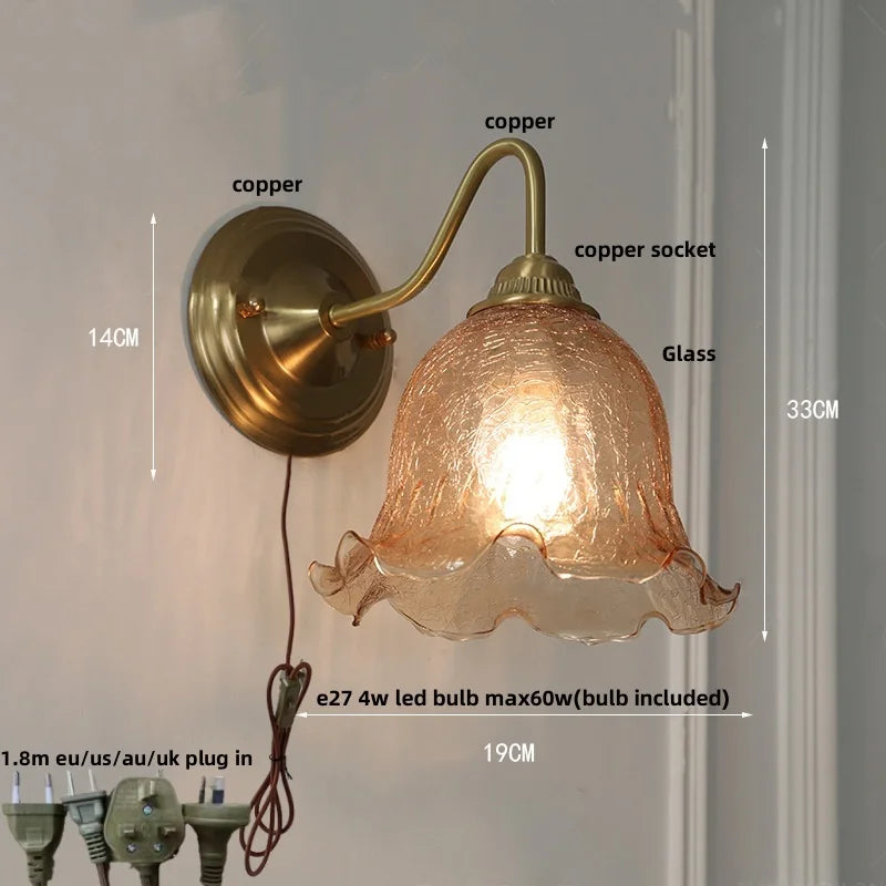 Helnys Pink Glass LED Wall Light Fixture for Home Decor and Bedside Lamp