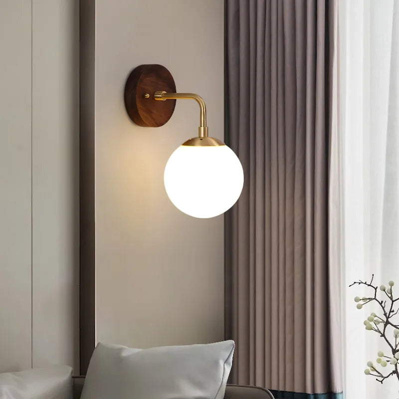 Helnys Glass Wall Light Fixture Modern Nordic Walnut Wood Lamparas