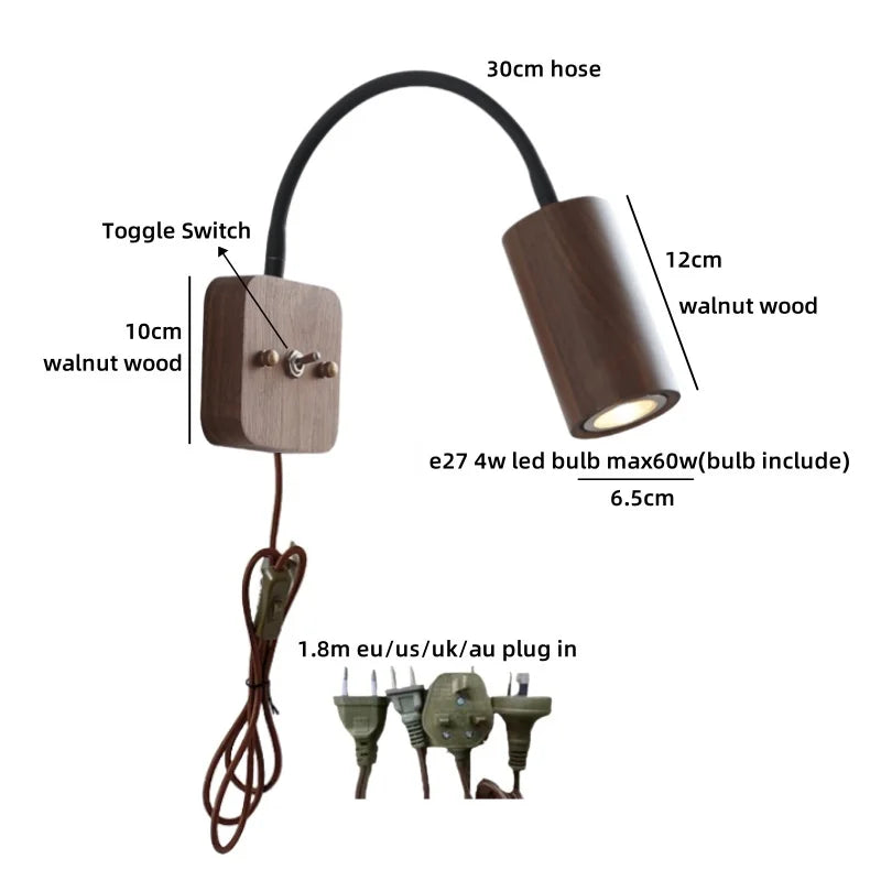 Helnys Walnut Wood LED Wall Lamps 30cm Black Hose Modern Nordic Bathroom Lights