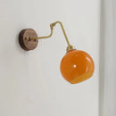 Helnys Green Glass Copper LED Wall Lamp with Pull Chain Switch and Walnut Wood Base