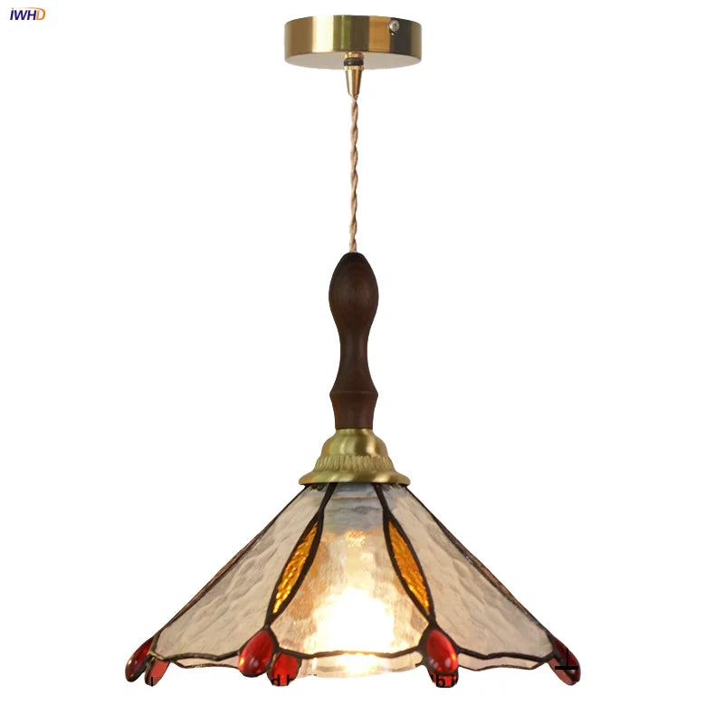 Helnys Tiffany Glass Pendant Lights Vintage Walnut Wood LED Hanging Lamp