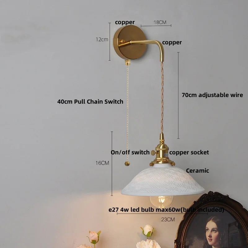 Helnys LED Ceramic Brass Wall Light Fixture Pull Chain Switch Bedside Lamp