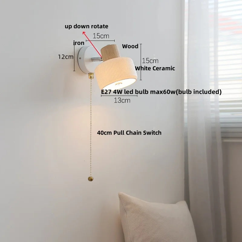 Helnys White Ceramic LED Wall Lights with Pull Chain Switch - Modern Nordic Design