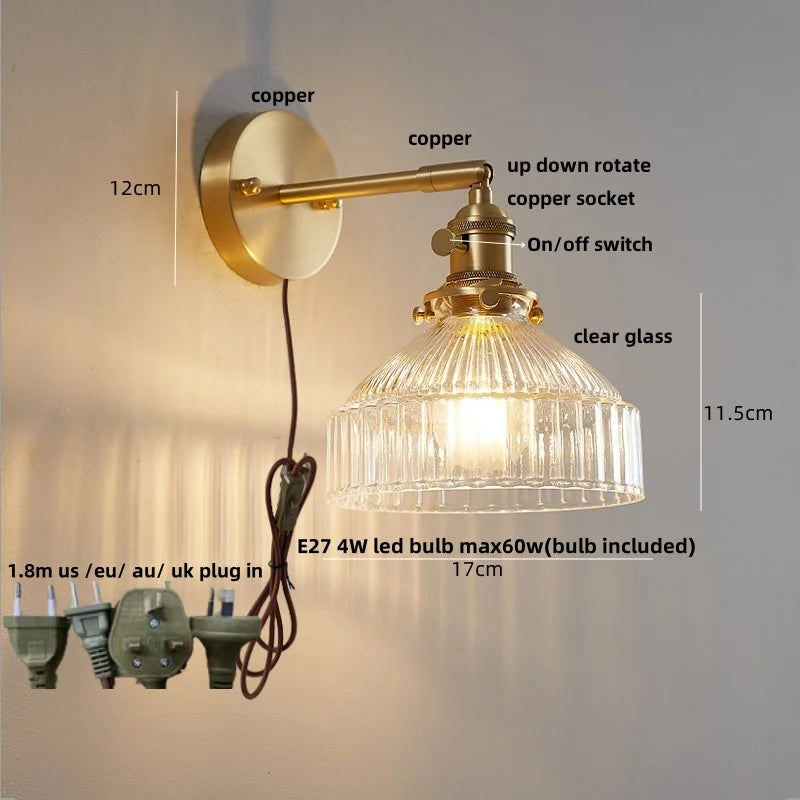 Helnys Flower Glass LED Wall Lamp with Pull Chain Switch - Copper Wall Light Fixtures