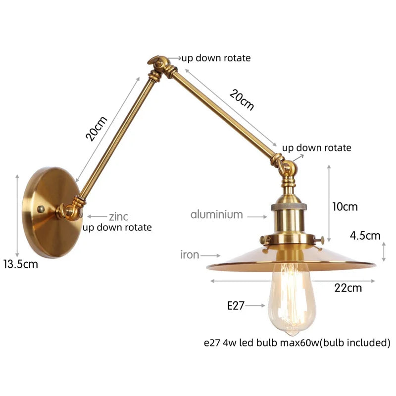 Helnys Vintage Industrial Style Long Arm LED Wall Sconce Bedside Lamp