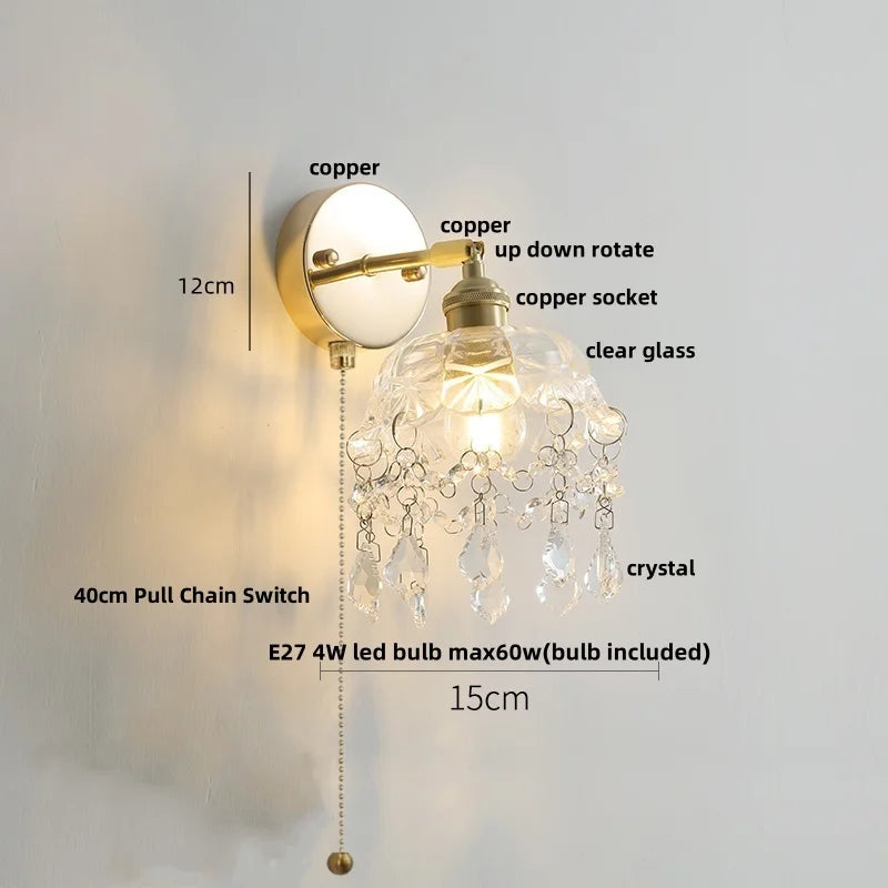 Helnys Clear Glass LED Wall Lamp Pull Chain Switch Rotatable Crystal Light