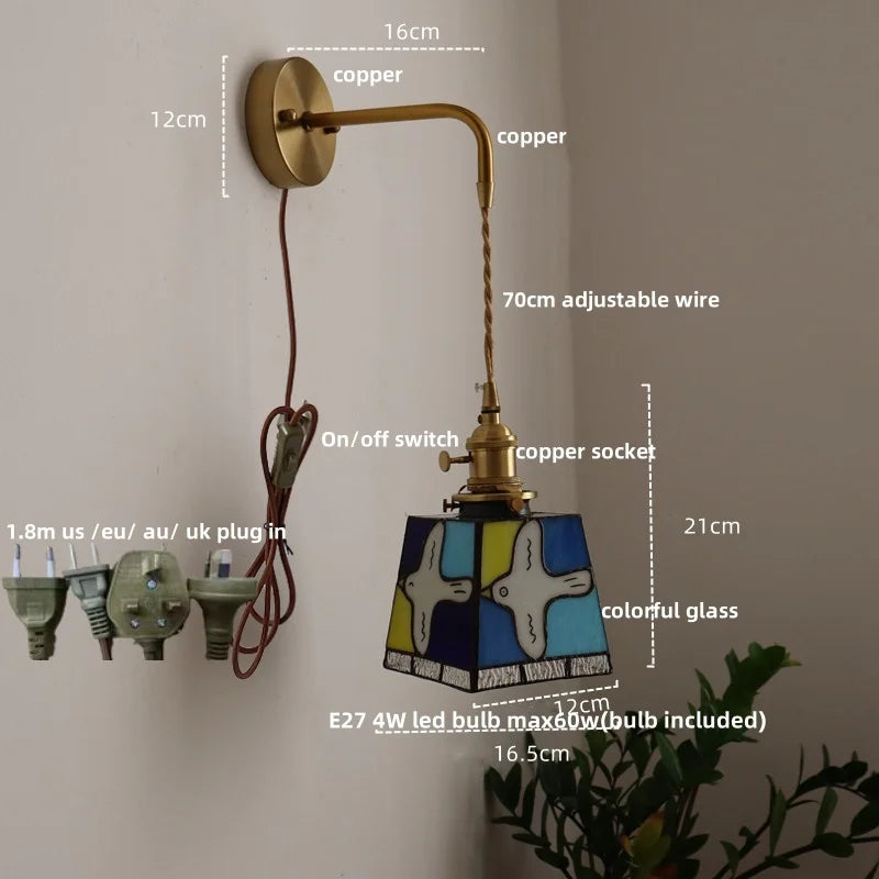 Helnys Tiffany Style LED Wall Sconce with Pull Chain Switch Glass Stair Light