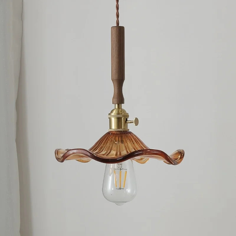 Helnys LED Pendant Lights Amber Glass Walnut Wood Nordic Modern Hanging Lamp