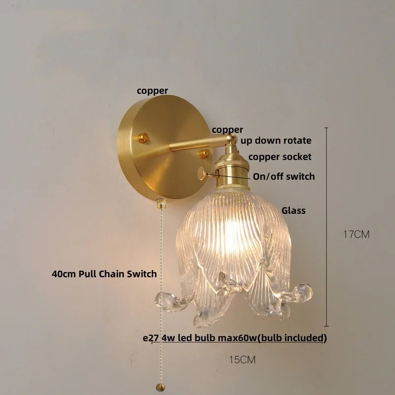 Helnys Vintage Blue Glass LED Wall Lamp with Pull Chain Switch