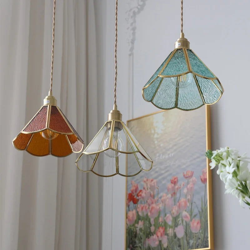 Helnys Vintage Copper Pendant Lamp Flower Glass Lights