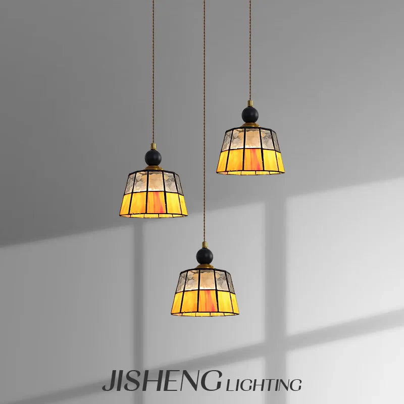 Helnys Nordic LED Pendant Lights Glass Hanging Lamp Tiffany Colorful Wood Copper