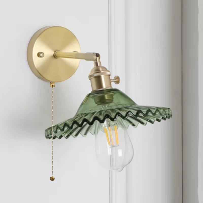 Helnys Green Glass LED Wall Lights with Pull Chain Switch for Home Decor